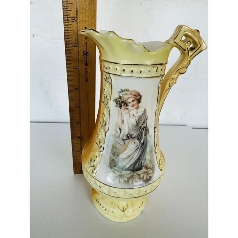 Vintage Porcelain Pitcher Transferware & Hand‎ Painted Woman Floral 8.5